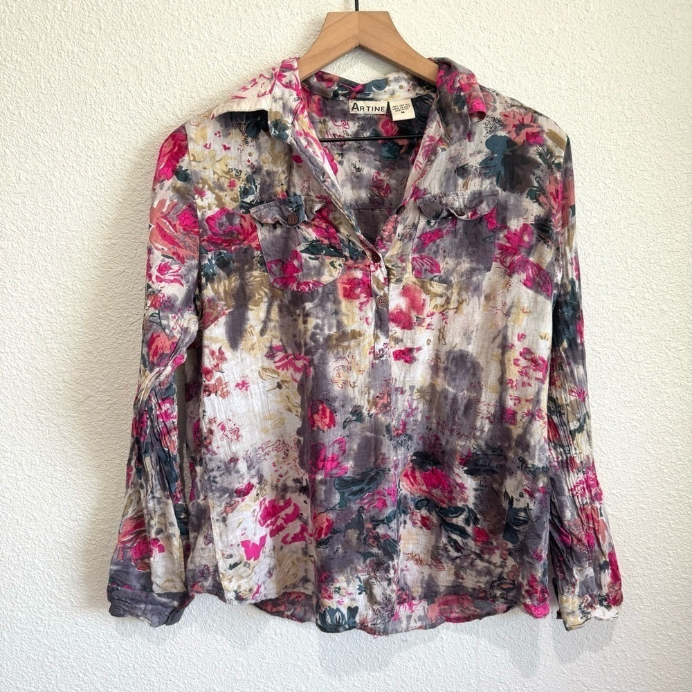 Artine‎ Women's Medium Cotton Button Down Long Sleeve Abstract Artsy Art to wear
